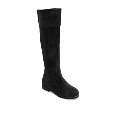 Flat Knee-High Boots in Black Faux Suede